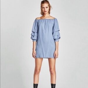 Zara Off The Shoulder Chambray Mini Dress With Tiered Ruffled Sleeves Women’s XS